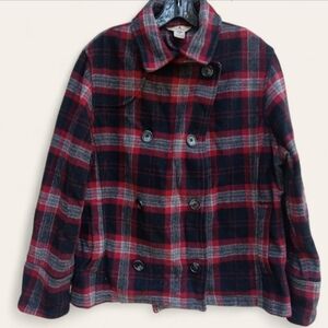 Woolrich Wool Blend Double Breasted Red Black Plaid Peacoat Size Small